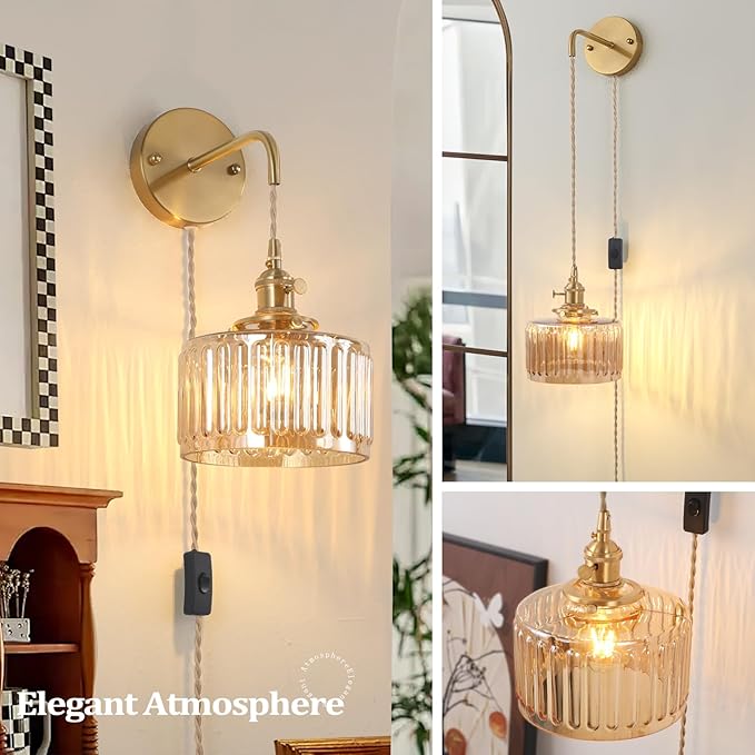 Vintage Wall Sconce with Amber Striped Glass Shade Hanging Wall Sconce with 4.9FT Plug in Cord, Modern Wall Lamp Fixtures Decor for Bedside Bedroom Indoor Doorway, Set of 2