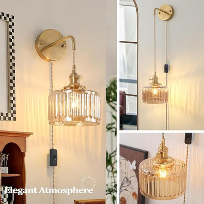 Vintage Wall Sconce with Amber Striped Glass Shade Hanging Wall Sconce with 4.9FT Plug in Cord, Modern Wall Lamp Fixtures Decor for Bedside Bedroom Indoor Doorway, Set of 2