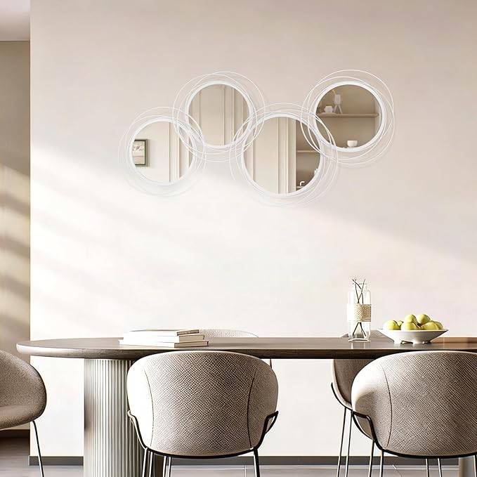 White Round Mirror Set, 4 PCS Wall Mounted Mirror Circle Metal Framed Modern Mirrors for Living Room Bedroom Entryway, 16x32 Inch Decor