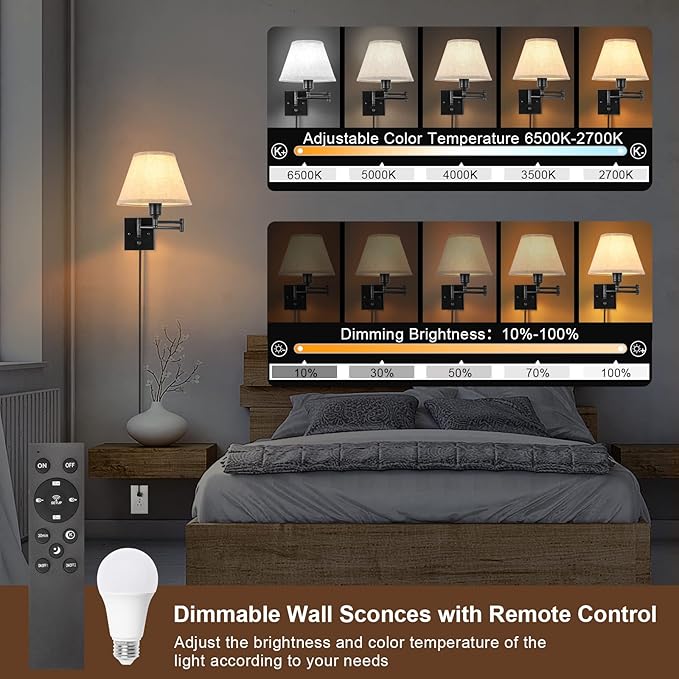 TRLIFE Wall Sconce with Remote Control, Dimming 10%-100% and Adjustable Color Temperature 2700K-6500K Swing Arm Wall Lights with Plug in Cord, 9.4
