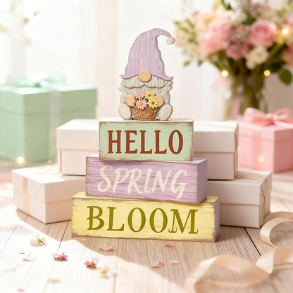Spring Decoration Wooden Tiered Tray Decor – Rustic Hello Spring Bloom Gnome Stacked Block Sign with Flower Basket Topper – Farmhouse Tabletop Spring Decor for Living Room Shelf Kitchen Coffee Bar Seasonal Home Display