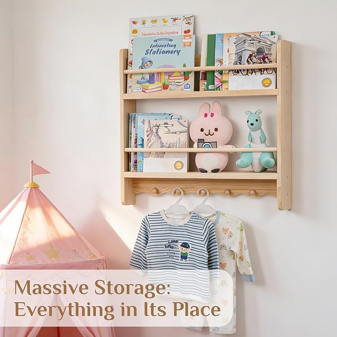 Large Nursery Bookshelf for Wall: 23.6inch 2-Tier Floating Book Shelves for Kids Toddlers Bedroom Solid Pine Wood Storage Organizer with Ledge Hooks Bar (Natural)
