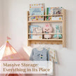 Large Nursery Bookshelf for Wall: 23.6inch 2-Tier Floating Book Shelves for Kids Toddlers Bedroom Solid Pine Wood Storage Organizer with Ledge Hooks Bar (Natural)