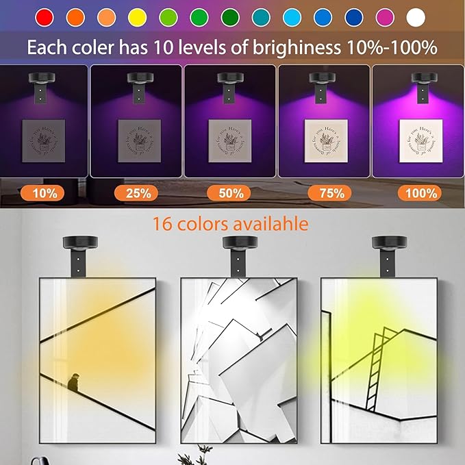3Pcs Picture Lights for Wall, 16 Lighting Modes Magnetic Art Display Light for Paintings with Remote Control Dimmable & Timer, Wireless Wall Decor Puck Light, Black