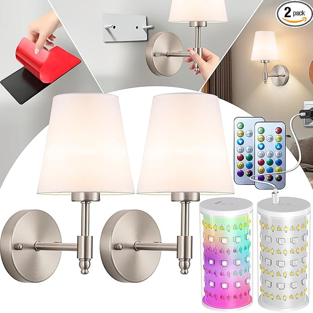 Peel and Stick Wall Sconces, Stick On Wall Sconce Set of 2, Battery Operated Wireless Wall Light, No Drill Adhesive Wall Lamp, Corn Bulb with 10000mAh Rechargeable Battery, Bedroom Wall Decor