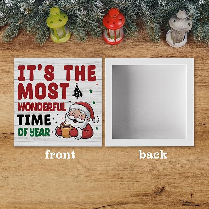 Christmas Coffee Bar Station Sign Decor Christmas Decorations Desk Accessories Indoor for Home Kitchen Office Coffee Bar Santa It's The Most Wonderful Time of Year Signs 5 X 5 Inch