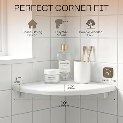 White Corner Floating Shelves for Wall – Set of 4, Rounded Wood Wall Mounted Corner Shelf with Hardware, Space Saving Decorative Storage for Kids Room, Bathroom, Living Room, Office – White