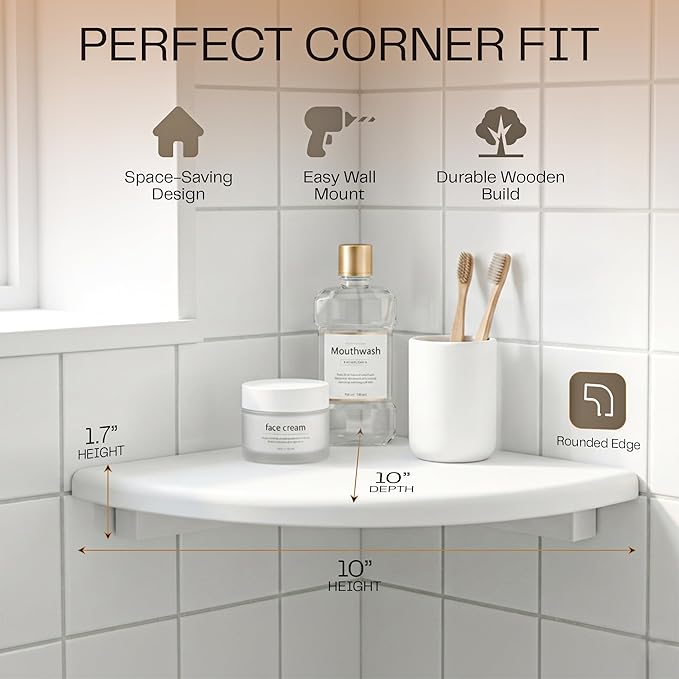 White Corner Floating Shelves for Wall – Set of 4, Rounded Wood Wall Mounted Corner Shelf with Hardware, Space Saving Decorative Storage for Kids Room, Bathroom, Living Room, Office – White