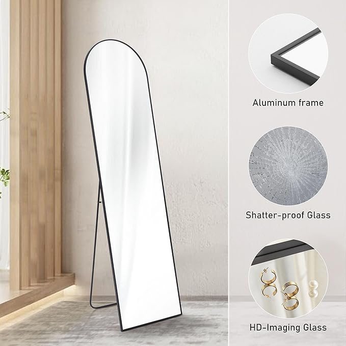 DUMOS Arched Full Length Mirror with Stand Floor Standing Aluminum Frame for Bedroom Body Hanging Leaning Modern Simple Home Decor Shatter-Proorf Nano Glass Wall Cloakroom Natural Black 59