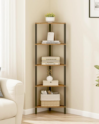 TUTOTAK Corner Shelf, 5-Tier Corner Bookshelf for Small Space, Narrow Display Corner Shelf Stand with Storage Rack, for Living Room, Bedroom, Rustic Brown BS05BB005