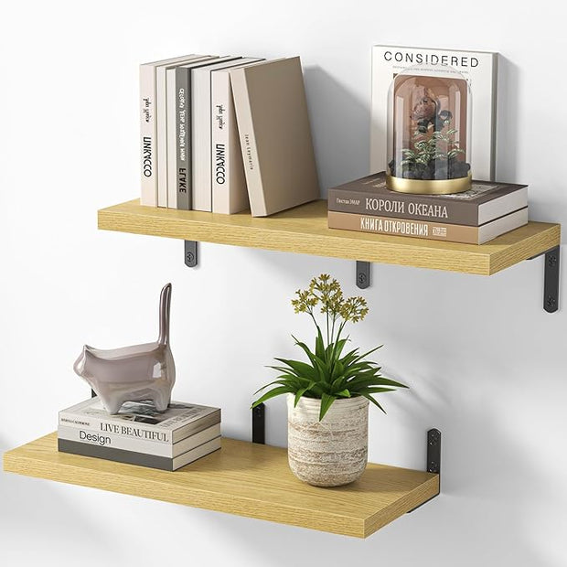 Marsmiles Extra Wide Floating Shelves for Wall, 24x8 Inch Natural Wood Grain Bookshelves, Heavy Duty Mounted Shelving for Bathroom, Kitchen, Living Room, Bedroom,Set of 2，Oak