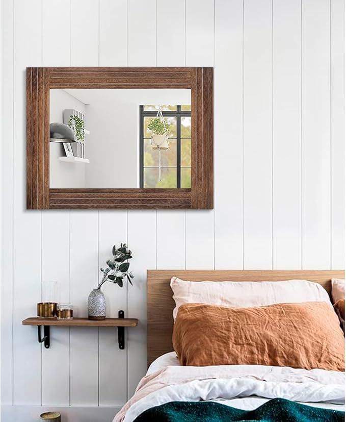 Rustic Mirror Wooden Rectangular Antique Wall Mirror Frame Decor Farmhouse Bedroom Dresser Bedroom Entryway Mirror Large Brown 26