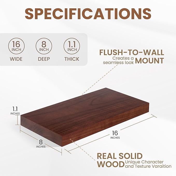 Floating Shelves for Wall, Real Wood Floating Shelf Set of 2, 8 Inch Deep Floating Shelves, Rustic Wood Wall Shelf for Home Decor, Deep Storage Shelves for Bathroom, Kitchen, 16
