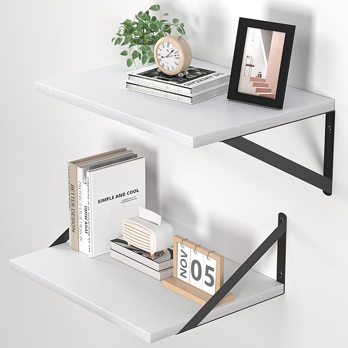 Heimlove White Deep Floating Shelves for Wall, 16W x 12D Wood Wall Shelves Set of 2, Wide Floating Bookshelf for Living Room, Kitchen, Office, Bedroom and Decor Storage, with Black Bracket - White