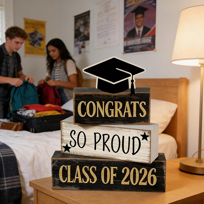 2026 Graduation Table Decorations Class of 2026 Senior Tiered Tray Decor Wooden Cap Block Signs Farmhouse Congrats Grad Tabletop Party Centerpiece for Tables Wooden Sign for Home Decor