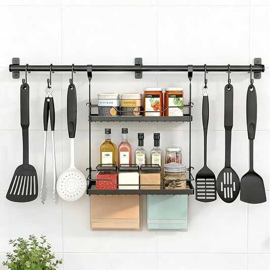 NADAMOO Kitchen Utensil Hanger and Spice Rack with Towel Rack Holder，Wall Mount Space Saving Metal Storage Organizer for Pantry, Countertop, Bathroom