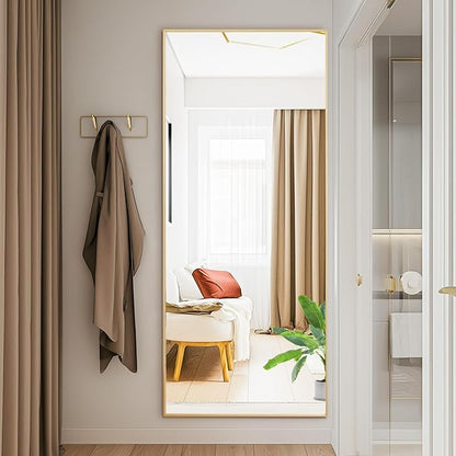 DUMOS Full Length Mirror with Stand, 58"x19" Floor Mirror with Aluminum Alloy Frame for Bedroom, Standing Full Body Mirror with Shatter-proorf Nano Glass for Wall, Living Room, Cloakroom, Gold