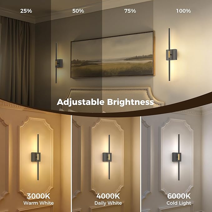 L LOHAS LED Battery Operated Wall Sconces Set of 2, Battery Wall Sconce 10000mAh, Gold and Black Rechargeable Sconces 3CCT, 23.7 Inch Wireless Wall Lights, Sconce Wall Decor for Bedroom, Living Room