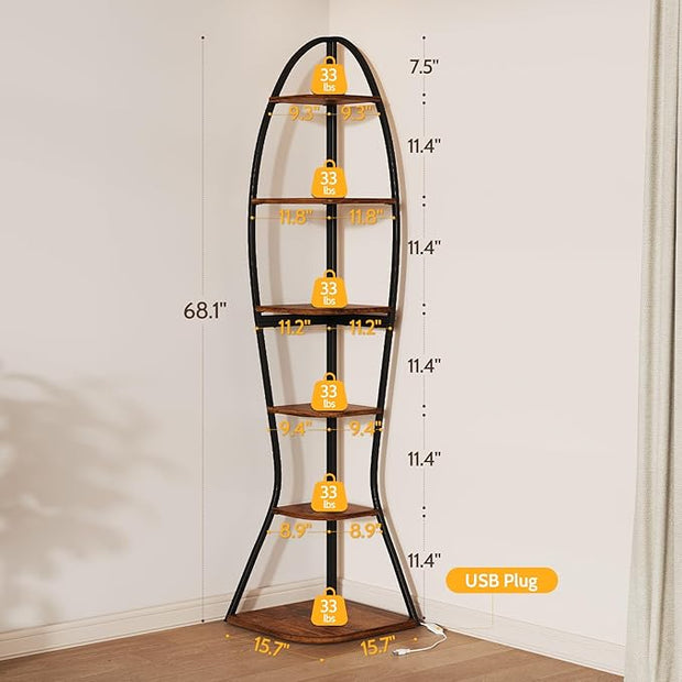 Artistic Fish-Inspired Corner Shelf with LED Lights, 6-Tier Tall Corner Bookshelf with Multi-Depth Display, Space-Saving Storage Unit with Remote Control for Bedroom & Living Room