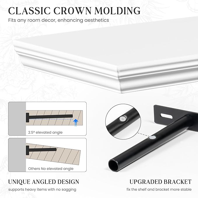 Fun Memories Floating Shelves 36 Inch Long, 9.3 Inch Deep Classic Crown Molding Floating Shelves for Wall, Rustic Wooden Shelves for Wall Decor Bathroom, Kitchen, Office, (White, 2Pack)