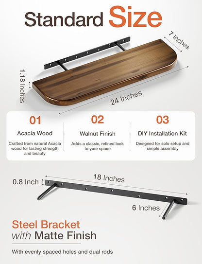 BATODA Set of 2 24” Acacia Floating Shelves for Wall (Round Edge) - Floating Bookshelf Wall - Storage Wood Shelves for House Decor, Kitchen, Bathroom - Brackets and Hardware Included (Walnut Color)