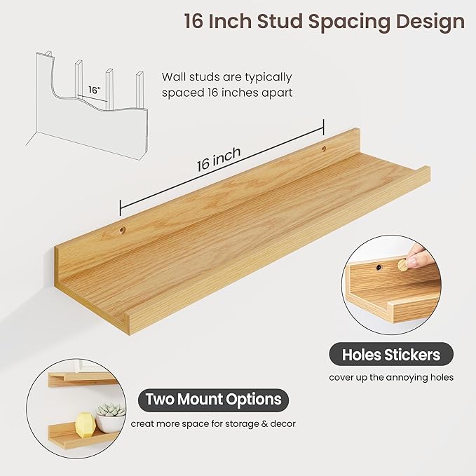 Axeman Picture Ledge Shelf | 24 Inch Oak Floating Shelves Set of 3 | Rustic Wood Wall Shelves with Lip | 24