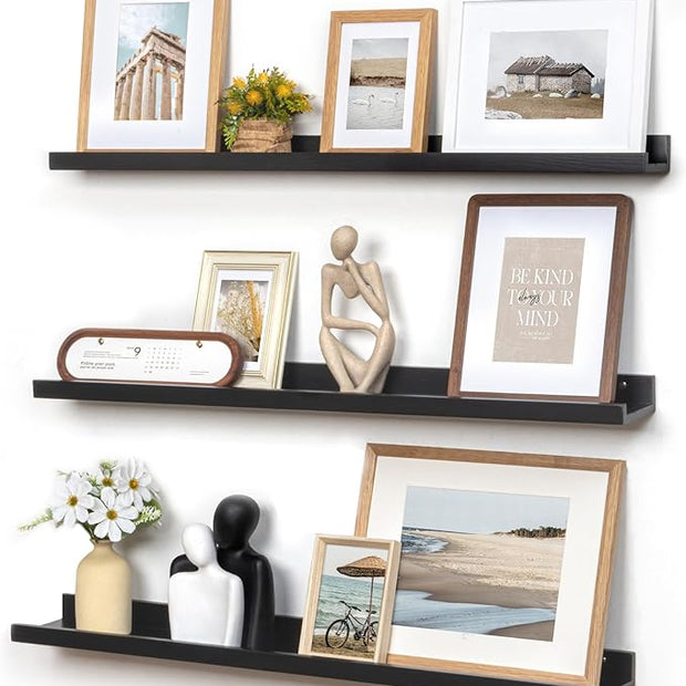 Picture Ledge Wall Shelves - 36 Inch Width Set of 3, Solid Pine Wood Rustic Floating Ledge Shelves for Kids' Room, Bedroom, Kitchen, Bathroom, Living Room, Nursery Display Wall Decor, Black