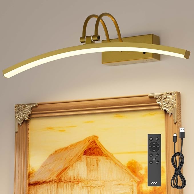 PAIHOME Picture Light for Wall Battery Operated, Rechargeable Magnetic Picture light with Smart Motion Sensor, Remote Dimmable & Timer, ‌16in Gold Wireless Art Lighting for Paintings Gallery Portraits