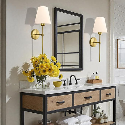Bsmathom Wall Sconces Sets of 2, Hardwired Classic Brushed Brass Sconces Wall Lighting, Bathroom Vanity Light Fixture with Fabric Shade for Bedroom Living Room Hallway Kitchen, Bright Gold