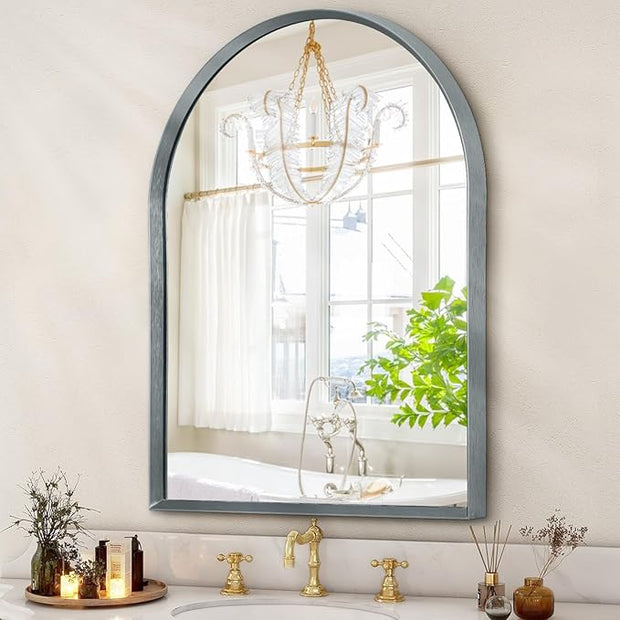 Arched Mirror, Modern Bathroom Wall Mirror Aluminum Alloy Framed Brushed Metal Vanity Wall Mounted Mirrors for Livingroom Bedroom Entryway Room 16"x12"