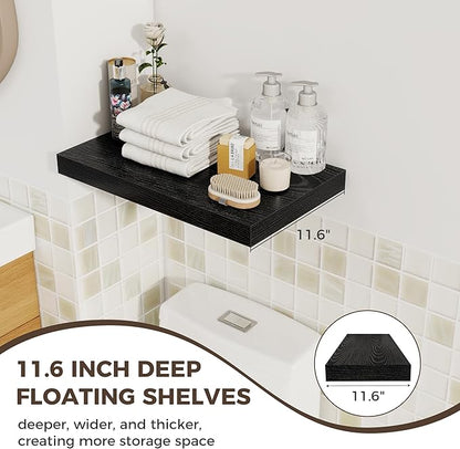 Fun Memories 12 Inch Deep Floating Shelves for Wall, 20 Inch Long Wall Mounted Storage Shelf with Invisible Brackets, 3 Pack Hanging Wood Shelf for Farmhouse, Bedroom, Kitchen, Living Room, Black