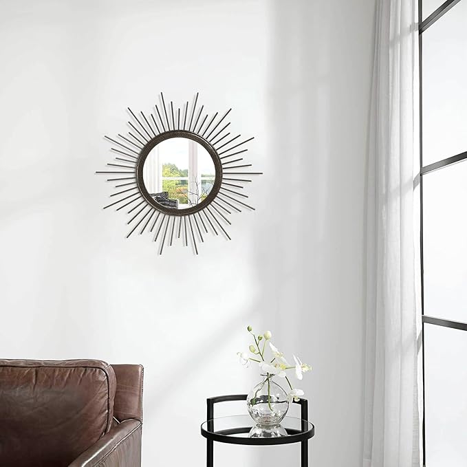 Large Spoked Sunburst Wall Mirror Boho Home Decor Round Wall Art Mirror Modern Metal Mirrors for Wall Living Room Vanity Bathroom Bedroom Hallway Balcony Entryway 16