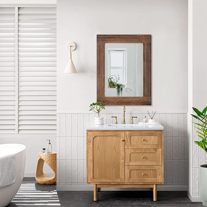 Wood Mirror Rectangular Framed Rustic Vintage Mirrors Decor Farmhouse Bedroom Bathroom Mirror for Dressing Table Entrance Large 20