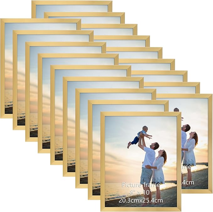 Hoikwo 18 Packs 8x10 Gold Multi Plastic Picture Frames Set with Plastic Cover for Family Photos, Artwork, Light Weight Bulk 8 by 10 Frames Pack for Wall Hanging and Table, Stylish Picture Frames