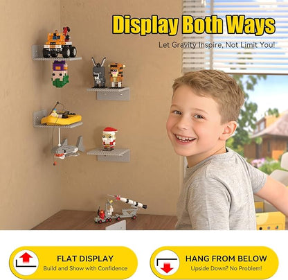 BlissBox 6-Pack Floating Display Shelves for Wall Compatible with Lego Building Bricks, 5 × 5.5 Inch Dual-Sided 16 × 17 Studs for Brick Storage and Display, ABS Display Shelf for Room Decor, Gray