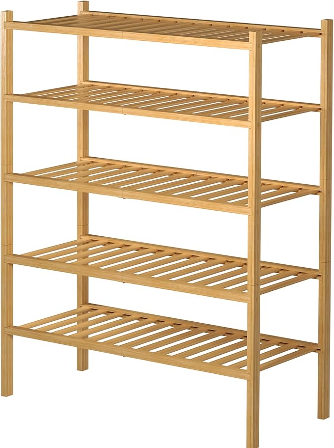 5 Tier Bamboo Shoe Rack for Closet Free Standing Wood Shoe Shelf for Entryway Small Space Stackable 27