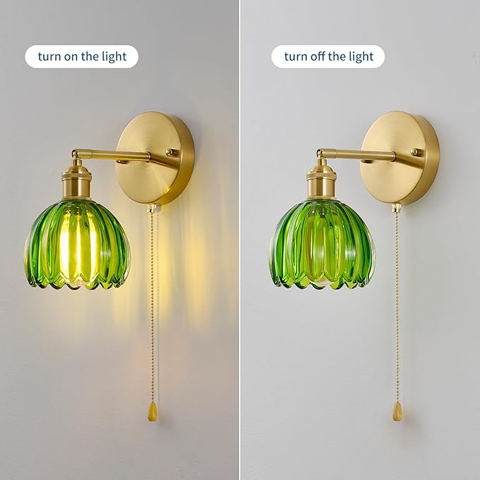 Vintage Wall Sconces with Pullswitch, 180 Degree Adjustable, Hradwired Modern Wall Lighting Fixture with Green Tulip Glass Lampshade for Bedroom Bedside Bathroom