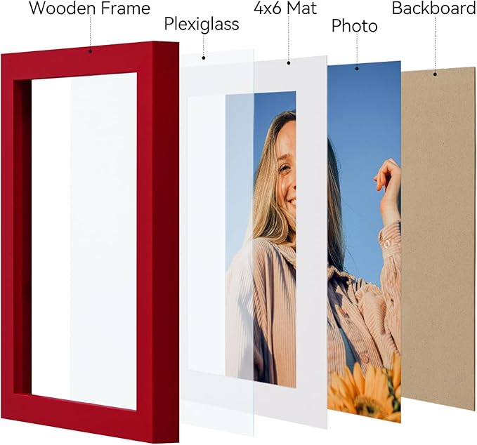 Vittanly 5x7 Picture Frame Set of 4, Display Pictures 4x6 with Mat or 5x7 without Mat, Small Photo Frames for Wall or Tabletop Display, Engineered Wood with Shatter Resistant Plexiglass, Red