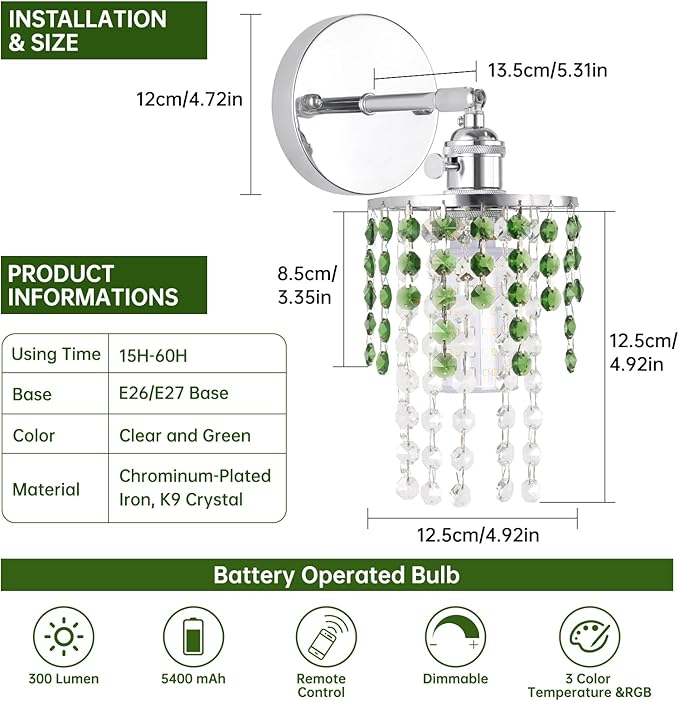 Set of 2 Crystal Battery Operated Wall Sconce,Rechargeable Wall Lamp with 5400mAh Battery & Remote Control, Modern Dimmable Wireless Wall Lights for Bedroom Bathroom (Green, Silver Base)