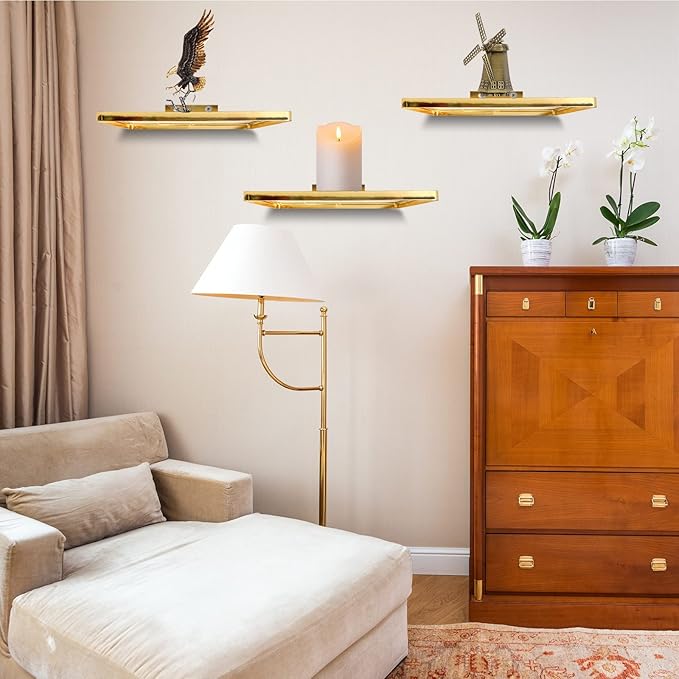 Cityelf Floating Shelves Wall Mounted Wall Decor Iron Glass Hanging Shelf Home Decor Set of 3 Display Ledge Shelves for Living Room Bedroom Office-Gold