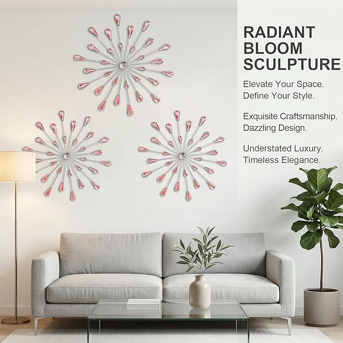 ZEXUIRU 3 Pack Silver Sunburst Wall Decor – Metal Crystal Wall Art with Sparkling Rhinestones, 14’’/18 Inch Starburst Wall Hanging Set for Living Room Bedroom Bathroom – Modern Bling Home Decorations