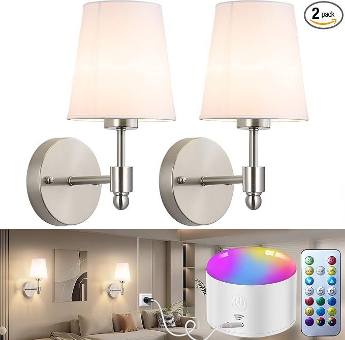 Battery Operated Wall Sconces Set of Two, Rechargeable Wireless Wall Lights with 10000mAh RGB Dimmable Detachable Bulb, Battery Sconces Wall Decor with Remote for Bedroom Living Room Hallway