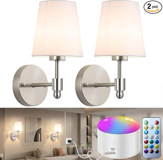 Battery Operated Wall Sconces Set of Two, Rechargeable Wireless Wall Lights with 10000mAh RGB Dimmable Detachable Bulb, Battery Sconces Wall Decor with Remote for Bedroom Living Room Hallway