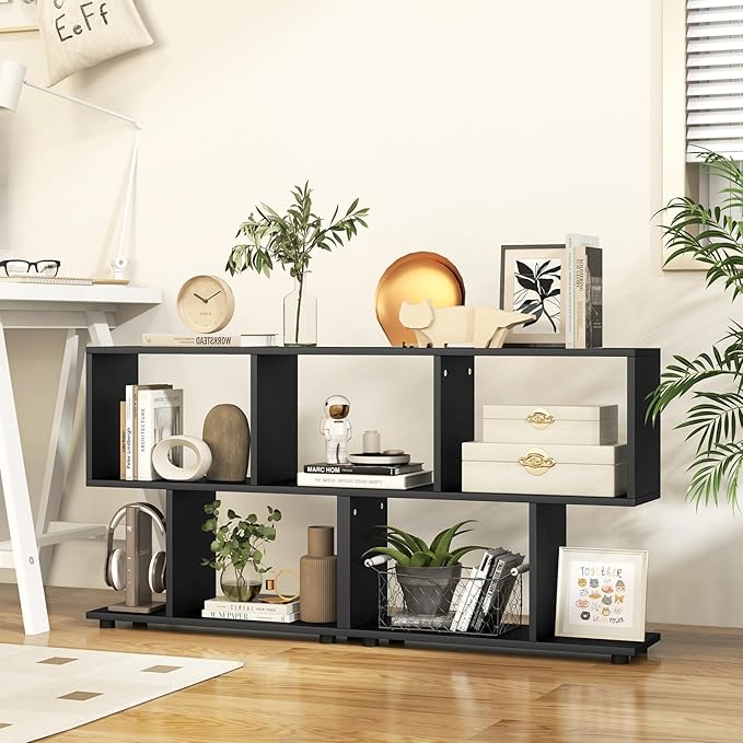 Tangkula 2 Tier Geometric Bookshelf, Freestanding Wood Display Shelf, Home Office Room Divider S Shaped Open Bookcase, Small Bookshelf for Small Spaces, Living Room, Study (Black, 1)