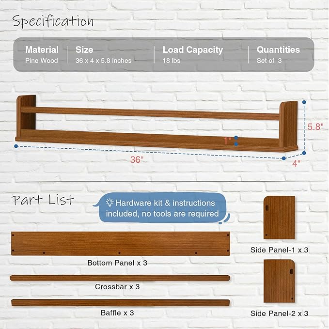 Dark Wood Wall Bookshelf for Kids Bedroom, 36 Inch Floating Nursery Bookshelf for Baby Girl Boy Room, Wooden Hanging Toddler Book Shelves for Wall (36 inch, Walnut Brown, 3-Pack)