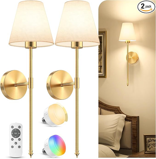 VOLISUN Battery Operated Wall Sconces Set of Two, Wireless Wall Sconces with Remote and Dimmable Bulbs, 9 Colors Battery Powered Wall Lights, Gold Rechargeable Wall Lamps for Bedroom (23.6 inch)