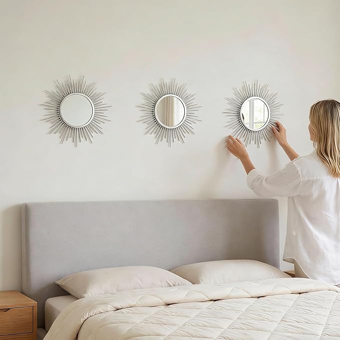 Boho Sunburst Wall Mirror Set of 3, 12 Inch Round Antique & Modern Metal Wall Art, Hanging Over The Door Mirrors for Wall Decor in Living Room, Bedroom, Bathroom, Entryway（Sliver）