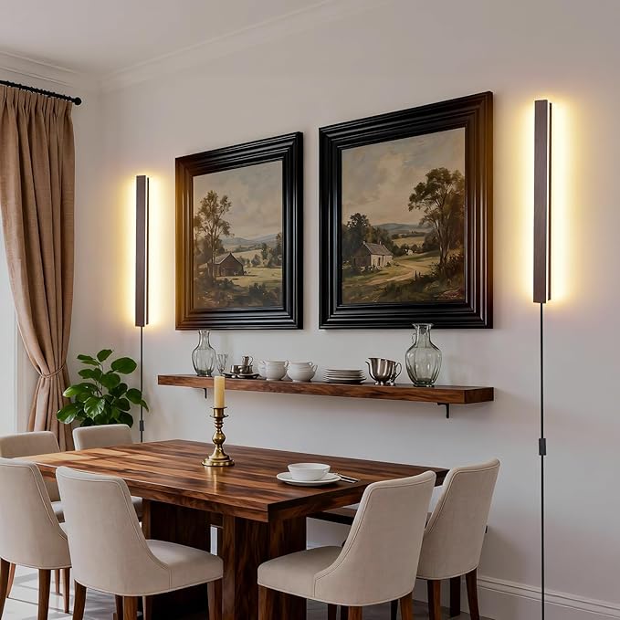 Farmhouse Plug in Wall Sconces, 23.6 inch Faux Walnut Finish LED Long Wall Lights, 12W Warm White 3000K Acrylic Indoor Wall lamp,with 59