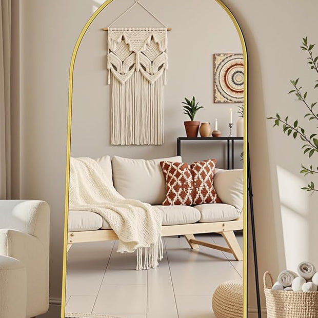 Full Length Mirror with Stand, 76"x44" Arched Full Body Mirror, Large Stand Up Mirrors, Aluminum Frame Floor Standing Mirrors, Freestanding Hanging Leaning Mounted for Bedroom Living Room, Gold