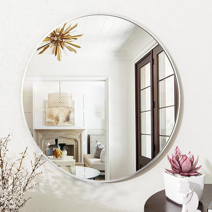 VooBang Silver Round Bathroom Mirror, 24 inch Circle Wall Mounted Hanging Mirror with Simple Modern Circular Metal Frame for Hallway, Entryway, Living Room, Silver Frame